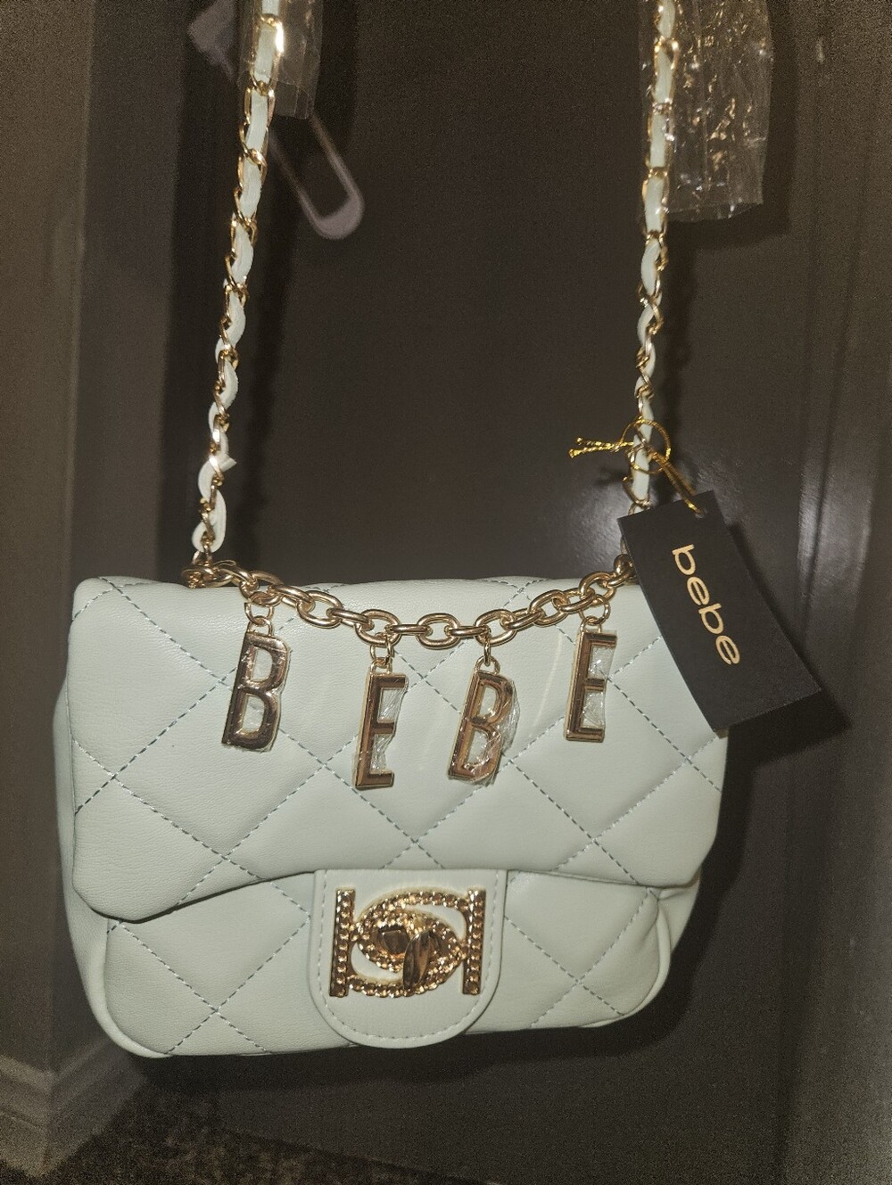 bebe, Quilted Mint Green Crossbody Bag with Gold Chain Strap